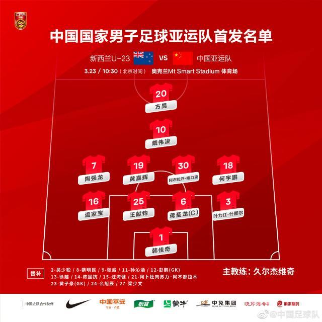 开云智能体验-亚运队VS新西兰U22首发：4411阵容 方昊戴伟浚领衔